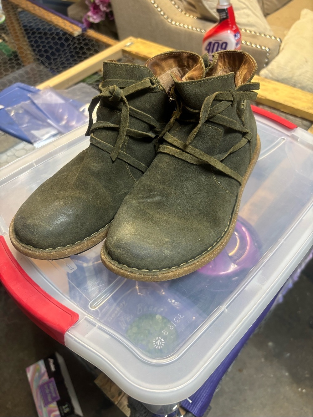 Olive Green Suede Lace-Up Ankle Boots